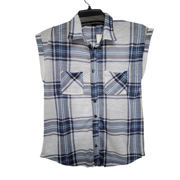 Derek Heart Tops - ✨Size S Derek Heart Women's Plaid Shirt Tunic Top Blouse Sleeveless White Blue